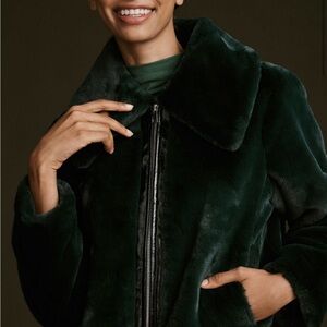 Maeve Green Teddy Jacket with Plush Fabric and Large Collar